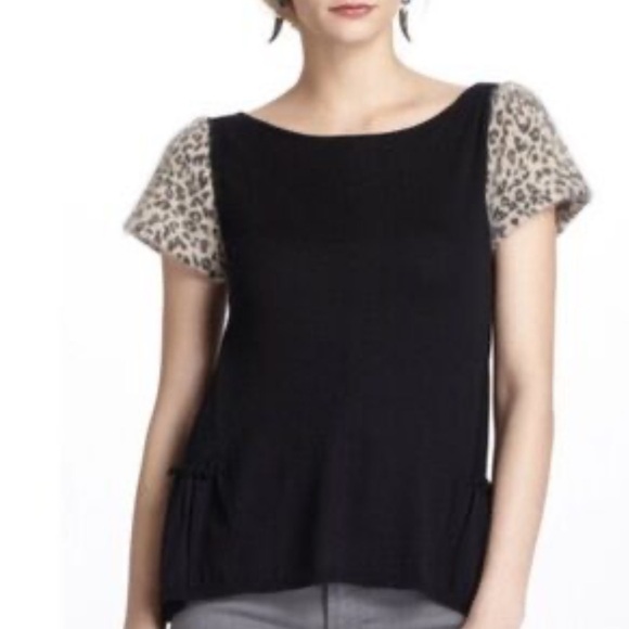 Anthropologie Sweaters - Anthropologie Leifsdottir Short Sleeve Black & Animal Print Sweater Size XS NWT